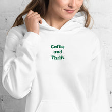 Load image into Gallery viewer, COFFEE AND THRIFT ALL THE TIME Hoodie White with Green Cozy Thrifting Addict Gift
