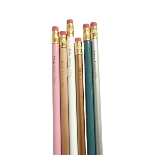 Writing Happy Pretty Messy Pencil Set of 6: Pink, Natural, White, Copper, Teal, and Silver