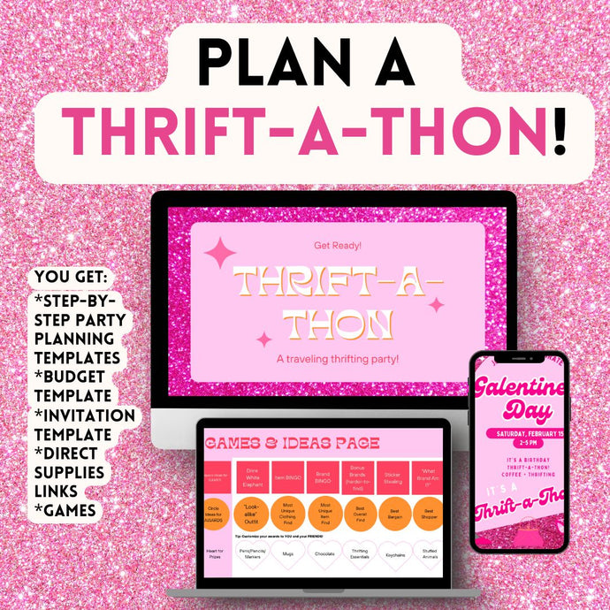 Thrift-A-Thon PARTY PLANNING TEMPLATE PACK Digital Download Edit Games Invite Pink