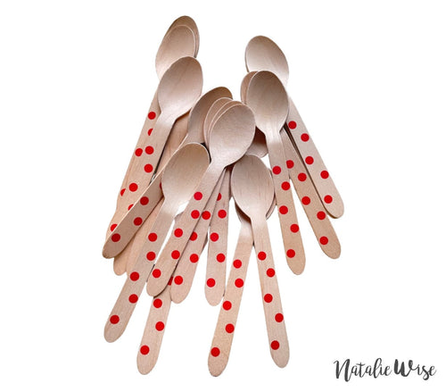 Red Polka Dot Wooden Compostable Spoons SET for Gifting with Hot Cocoa Bombs