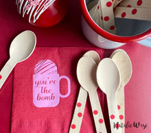 Load image into Gallery viewer, Red Polka Dot Wooden Compostable Spoons SET for Gifting with Hot Cocoa Bombs
