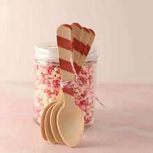 Load image into Gallery viewer, Red Striped Wooden Compostable Spoons for Gifting with Hot Cocoa Bombs
