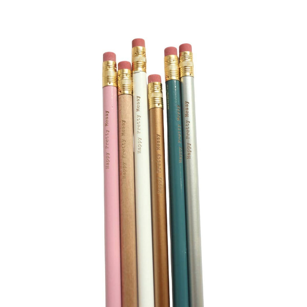 Writing Happy Pretty Messy Pencil Set of 6: Pink, Natural, White, Copper, Teal, and Silver